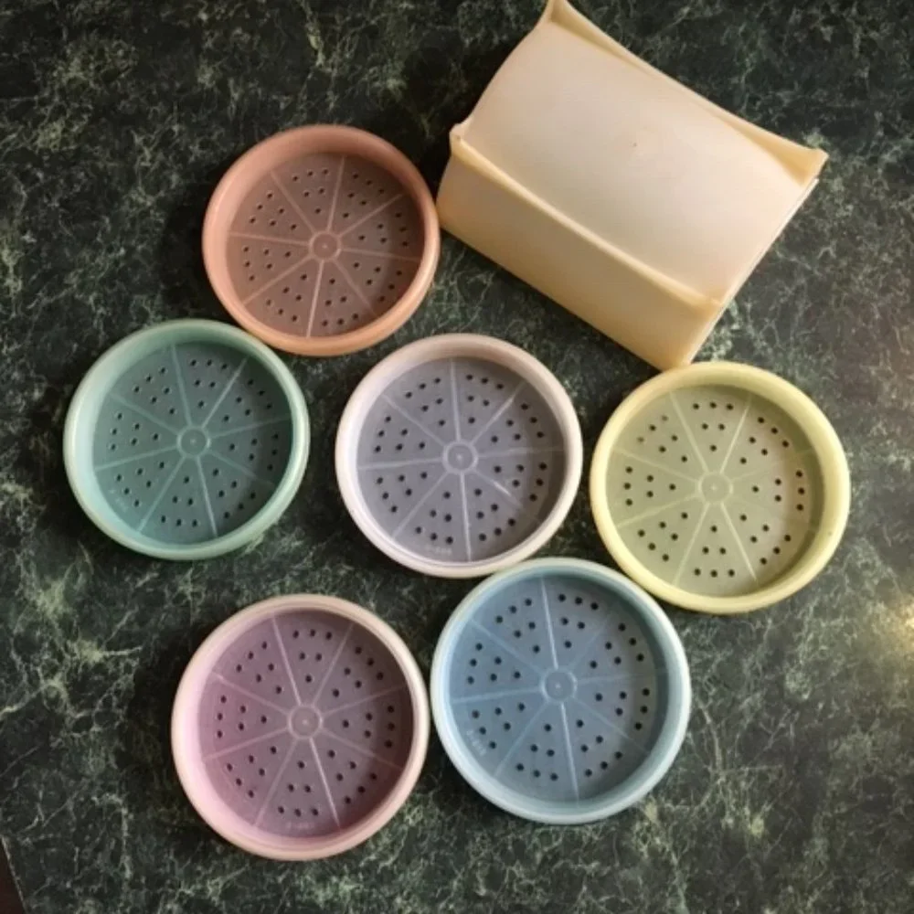 VTG 70's Pastel Plastic Tupperware Drink Coasters Set of 6 w/Cradle